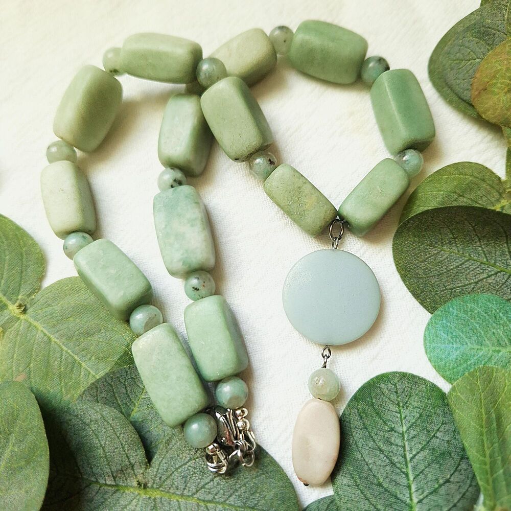 Green Serpentine, Aquamarine & Opal Necklace – Chunky Boho Statement, Heavy